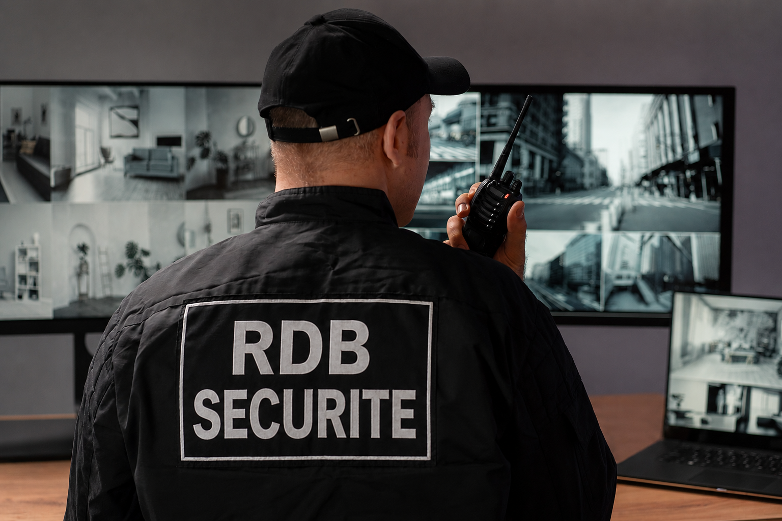 Agent RDB securite surveillant un périmètre et contrôlant les accès